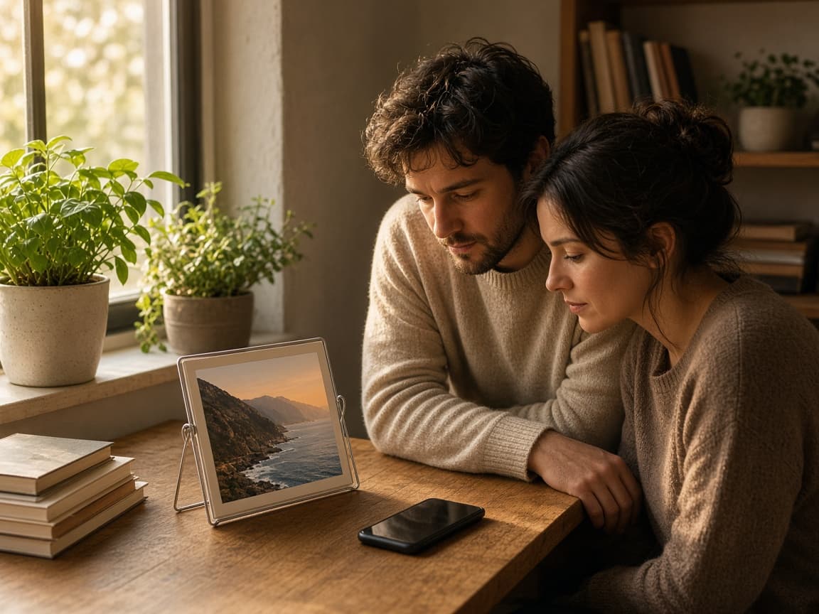 A couple at a home desk with a small standing calendar