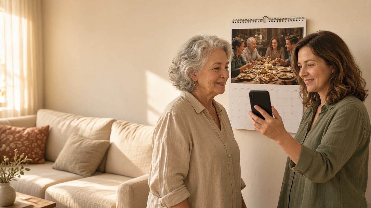 A spiral wall calendar in a living room