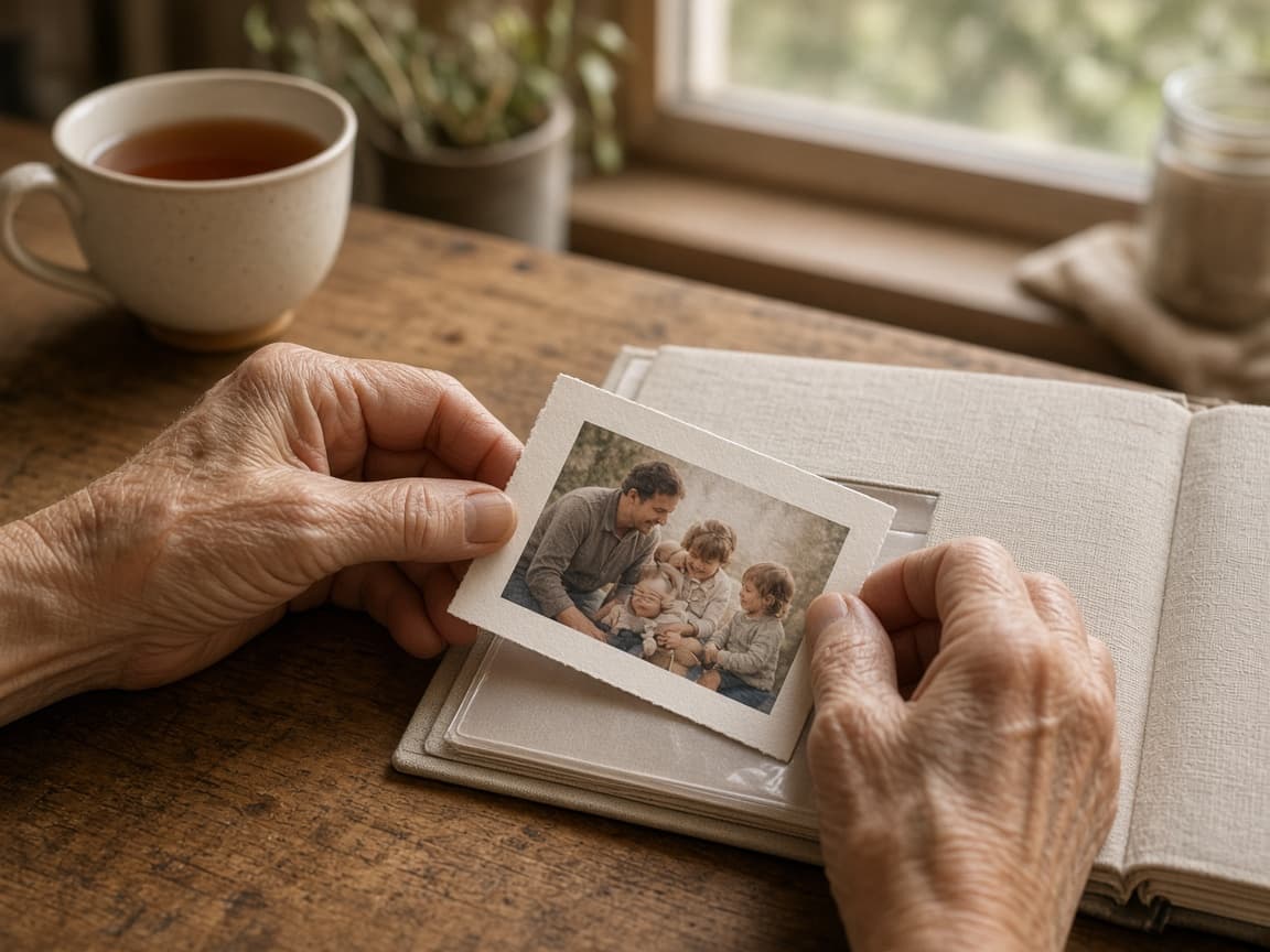 Hands slipping a printed calendar page into a small photo album